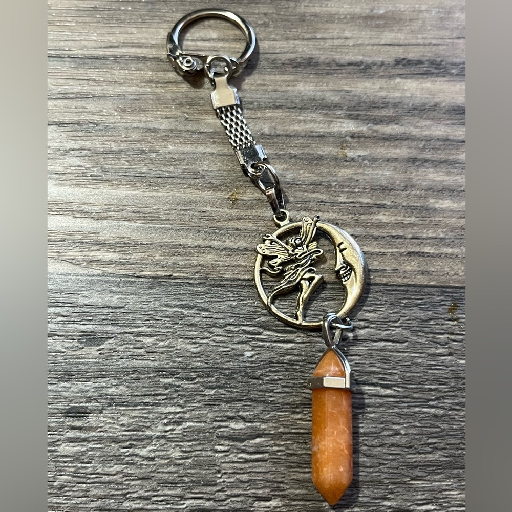 Silver-Tone Fairy & Crescent Moon Pendant Necklace with Orange Stone - fairycore
